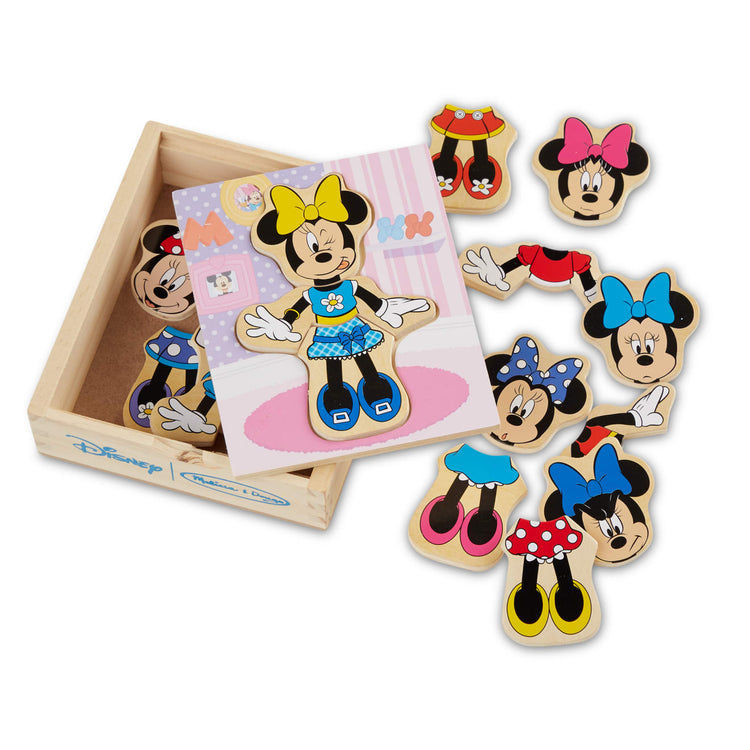 The loose pieces of the Melissa & Doug Disney Minnie Mouse Mix and Match Dress-Up Wooden Play Set (18 pcs)