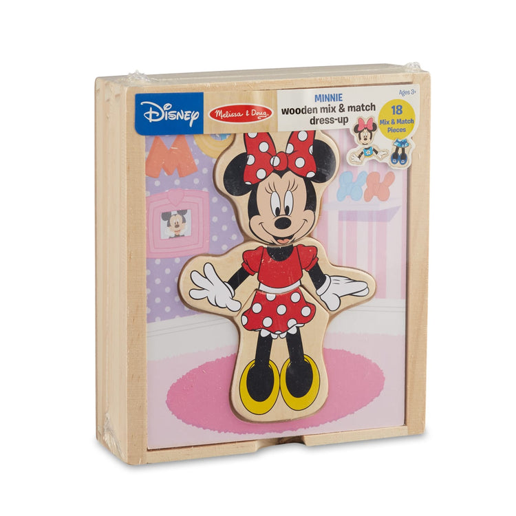 The loose pieces of the Melissa & Doug Disney Minnie Mouse Mix and Match Dress-Up Wooden Play Set (18 pcs)