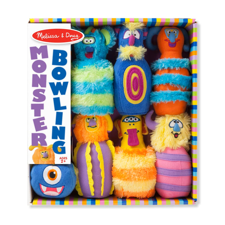 the Melissa & Doug Fuzzy Monster Bowling Pins & Ball With Mesh Storage Bag (8-Piece Set)