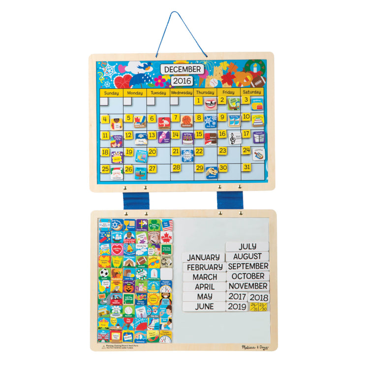 An assembled or decorated the Melissa & Doug Monthly Magnetic Calendar With 133 Magnets and 2 Fabric-Hinged Dry-Erase Boards