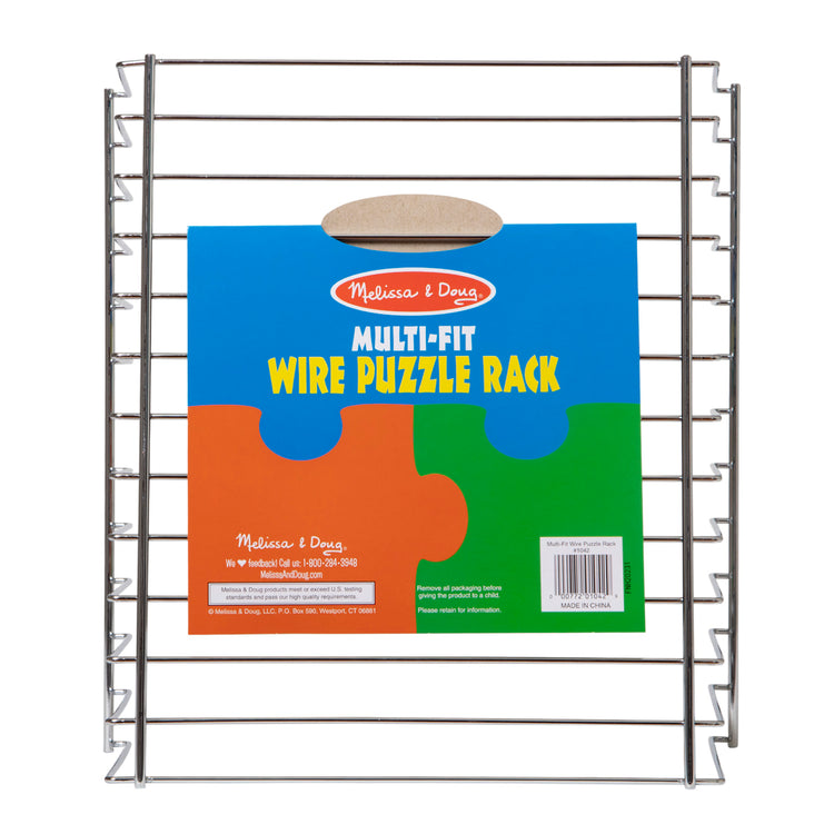 The front of the box for the Melissa & Doug Multi-Fit Metal Wire Puzzle Rack For Up To a Dozen 12-Inch-Wide, 0.75-Inch Deep Wooden Puzzles
