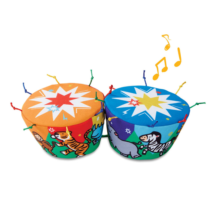 The loose pieces of the Melissa & Doug K's Kids Bongo Drums Soft Musical Instrument