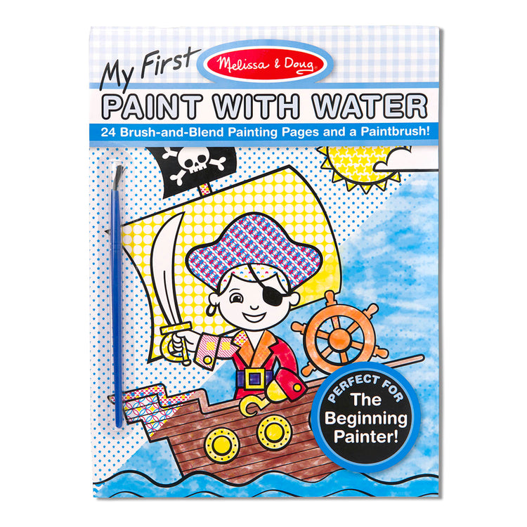 The front of the box for the Melissa & Doug My First Paint With Water Kids' Art Pad With Paintbrush - Pirates, Space, Construction, and More