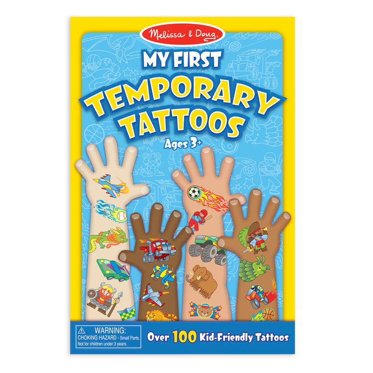 The front of the box for the Melissa & Doug My First Temporary Tattoos: Adventure, Creatures, Sports, and More - 100+ Kid-Friendly Tattoos