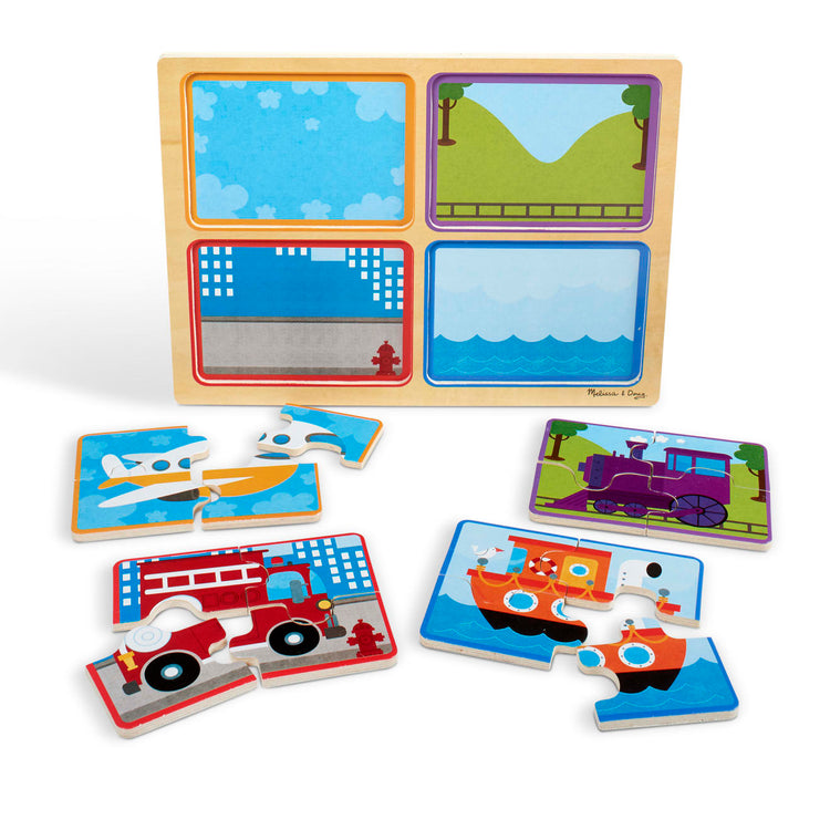 the Melissa & Doug Natural Play Wooden Puzzle: Ready, Set, Go (Four 4-Piece Vehicle Puzzles)