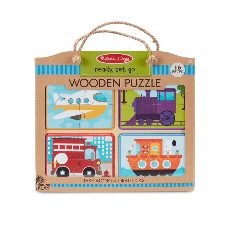 the Melissa & Doug Natural Play Wooden Puzzle: Ready, Set, Go (Four 4-Piece Vehicle Puzzles)