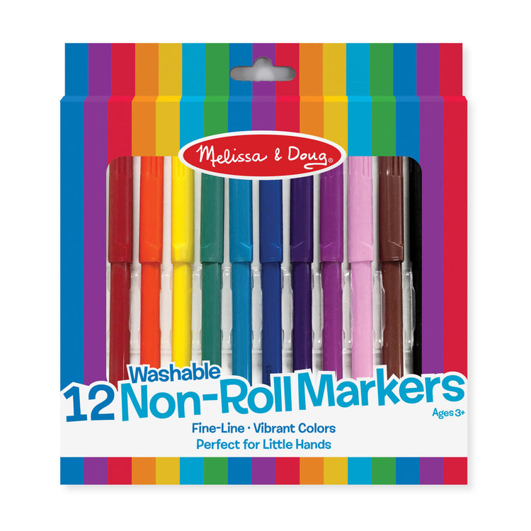 The front of the box for the Melissa & Doug Art Essentials Marker Set - 12 Non-Roll Washable Markers