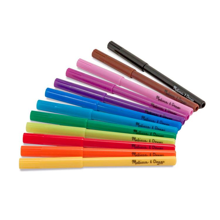 The loose pieces of the Melissa & Doug Art Essentials Marker Set - 12 Non-Roll Washable Markers