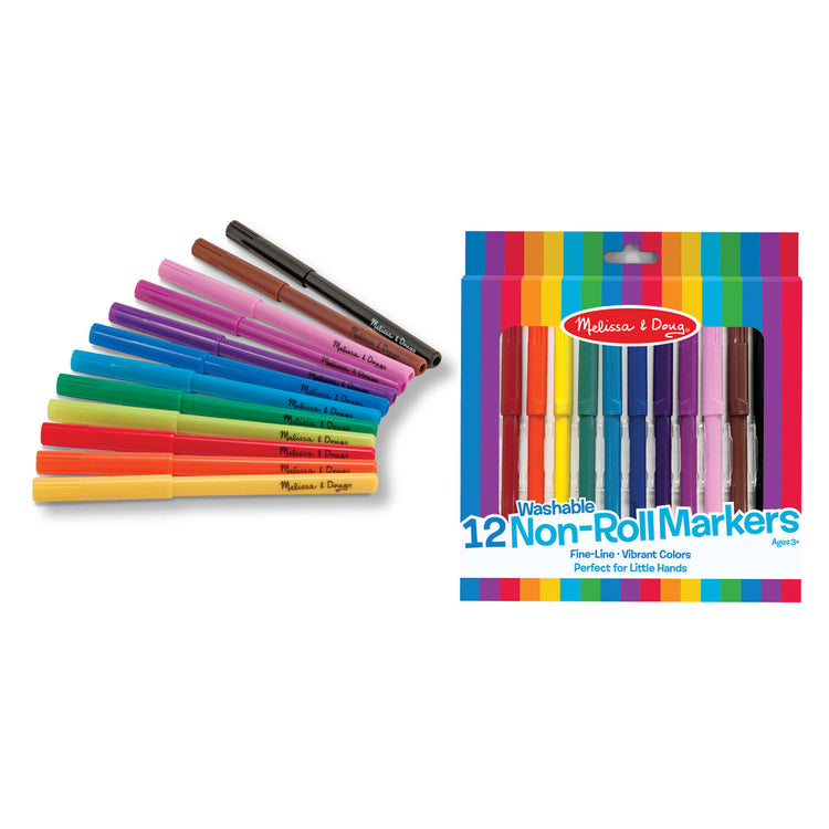 The loose pieces of the Melissa & Doug Art Essentials Marker Set - 12 Non-Roll Washable Markers