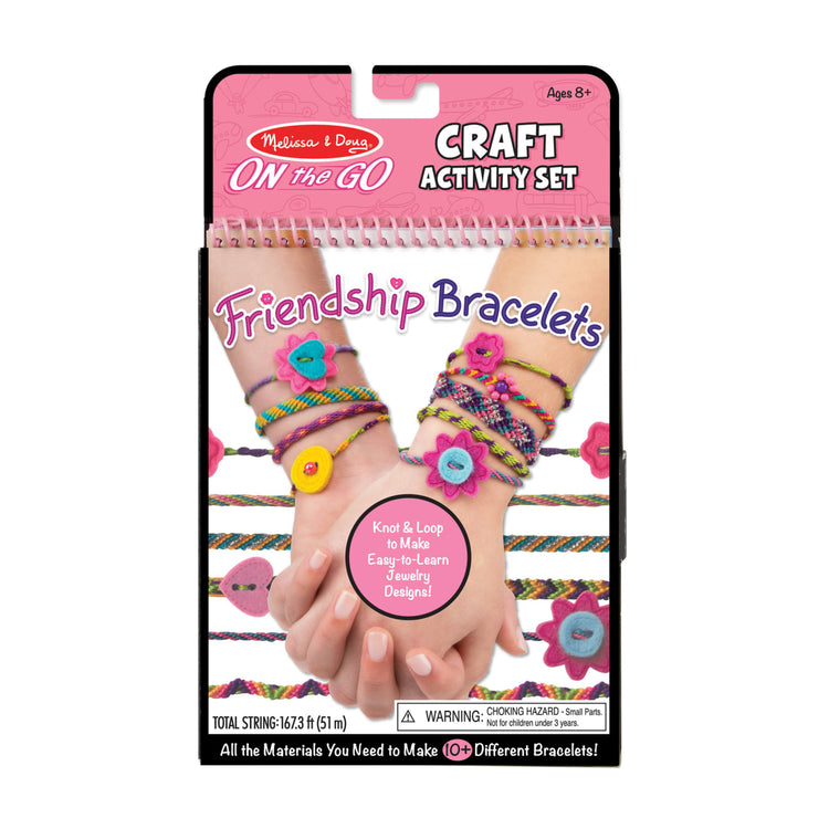 The front of the box for the Melissa & Doug On the Go Friendship Bracelet Craft Set (Makes 10+ Bracelets)