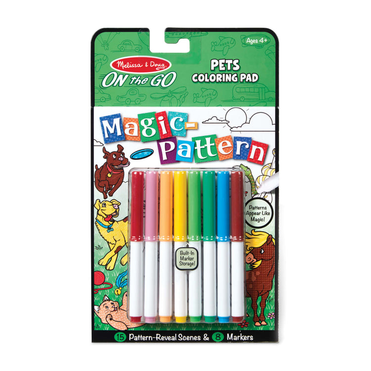 The front of the box for the Melissa & Doug Magic-Pattern Kids’ Pets Marker Coloring Pad On the Go Travel Activity