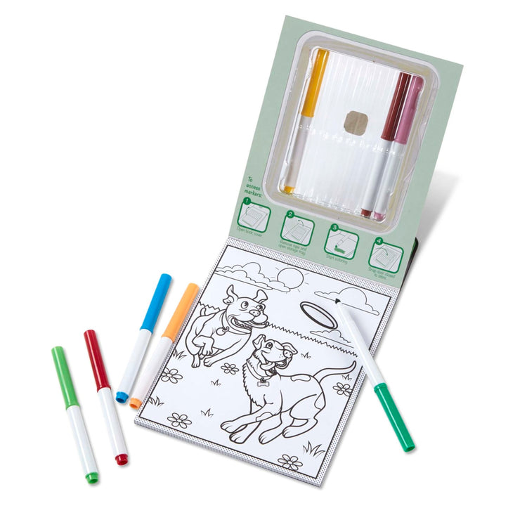 The loose pieces of the Melissa & Doug Magic-Pattern Kids’ Pets Marker Coloring Pad On the Go Travel Activity