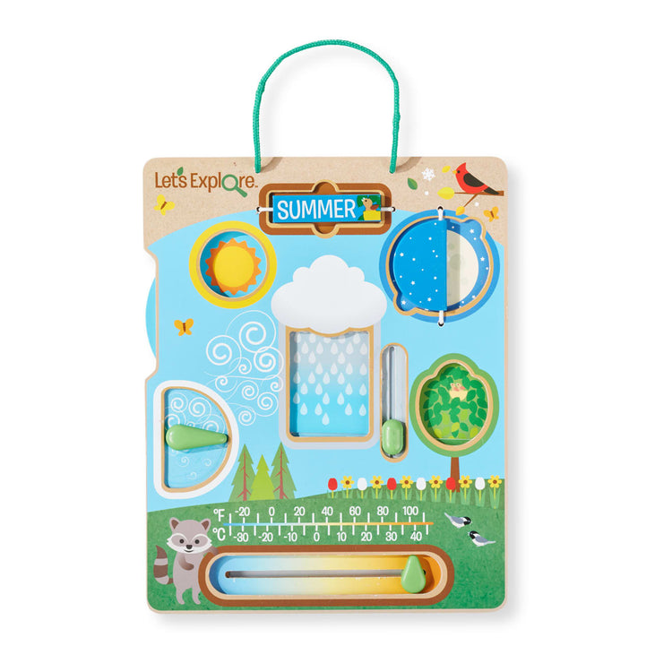 The loose pieces of the Melissa & Doug Let’s Explore Wooden Weather Board Outdoor Observations Toy