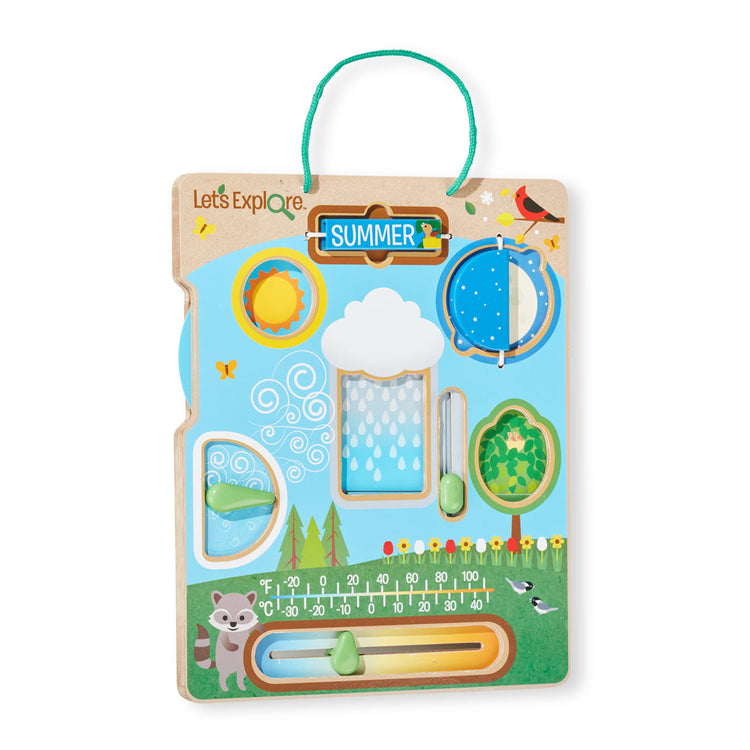 The loose pieces of the Melissa & Doug Let’s Explore Wooden Weather Board Outdoor Observations Toy