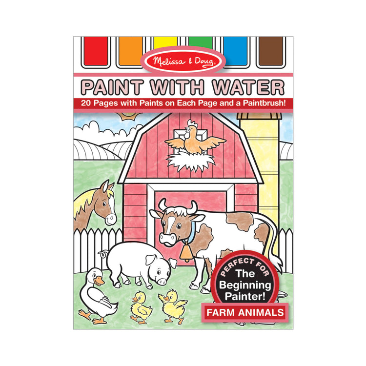 The front of the box for the Melissa & Doug Paint With Water - Farm Animals, 20 Perforated Pages, Spillproof Palettes