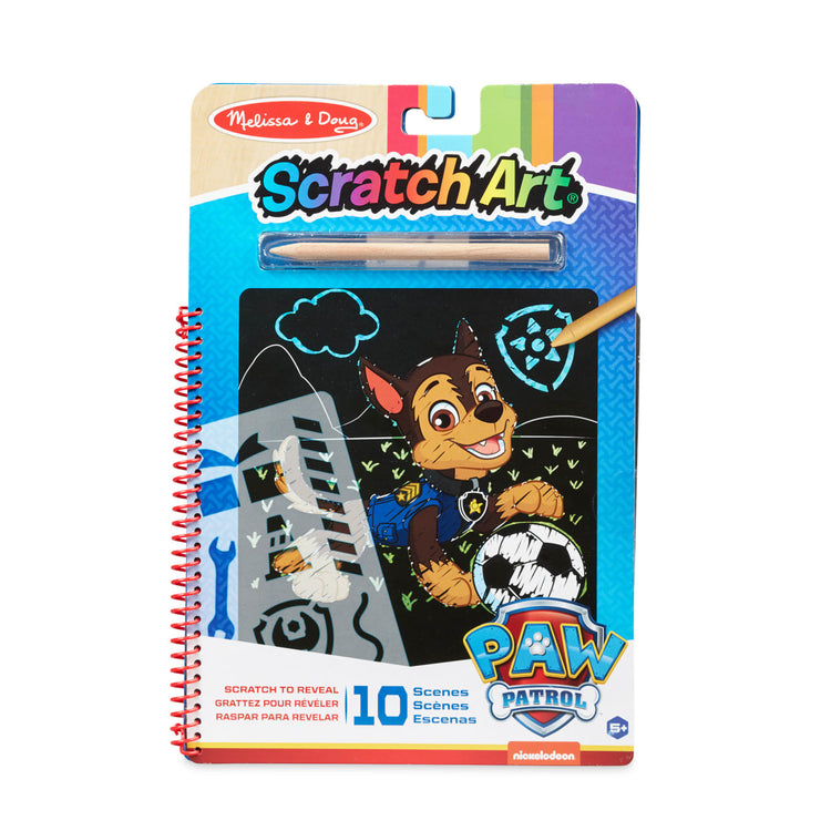 The front of the box for the Melissa & Doug PAW Patrol Scratch Art Pad - Chase Color Reveal Travel Activity Pad (10 Scenes)