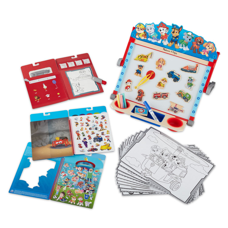 the Melissa & Doug PAW Patrol Wooden Double-Sided Tabletop Art Center Easel (33 Pieces)