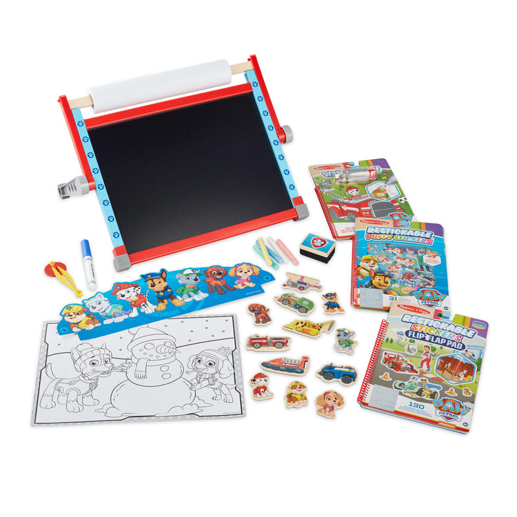 the Melissa & Doug PAW Patrol Wooden Double-Sided Tabletop Art Center Easel (33 Pieces)