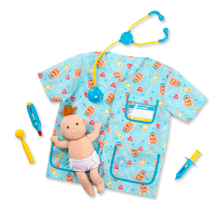 The loose pieces of the Melissa & Doug Pediatric Nurse Costume Role Play Set (8 pcs) - Includes Baby Doll, Stethoscope