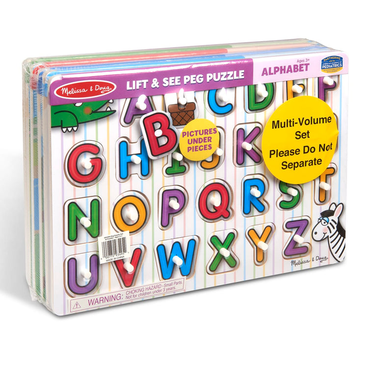 Melissa & Doug Wooden Peg Puzzle 6-Pack – Numbers, Letters, 3 Animals, Vehicles