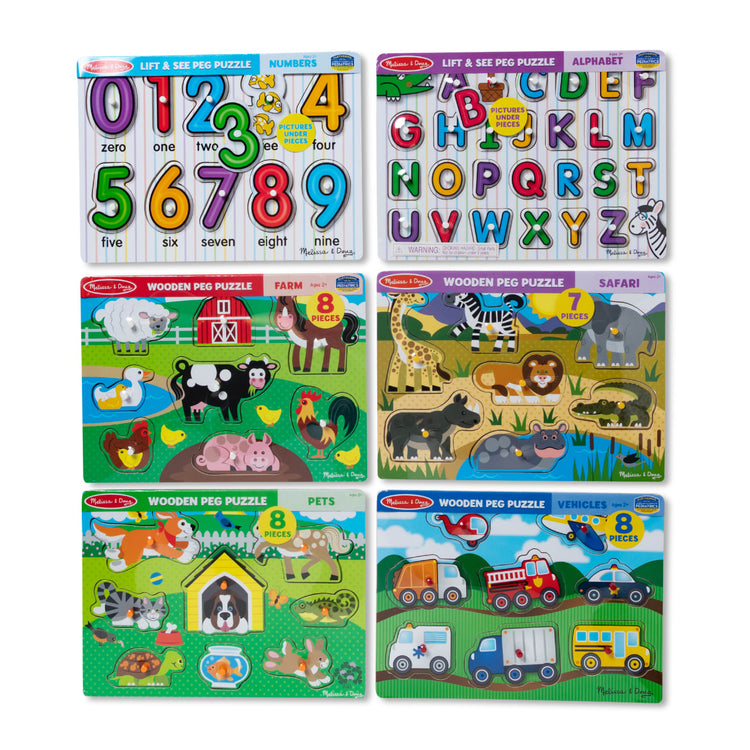 Melissa & Doug Wooden Peg Puzzle 6-Pack – Numbers, Letters, 3 Animals, Vehicles