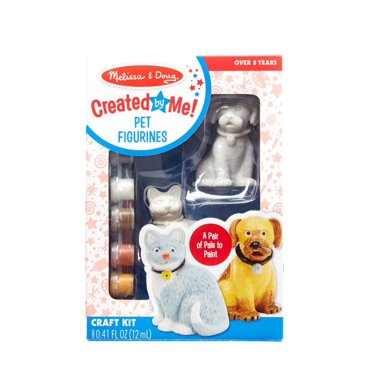 The front of the box for the Melissa & Doug Created by Me! Pet Figurines Craft Kit (Resin Dog and Cat, 6 Paints, Paintbrush)