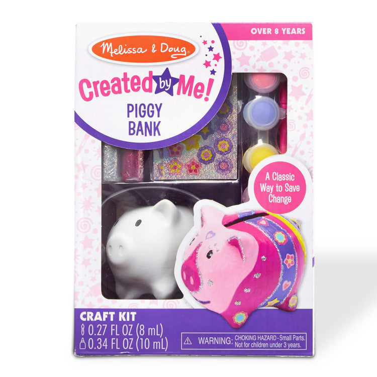 The front of the box for the Melissa & Doug Created by Me! Piggy Bank Craft Kit with 4 Pots of Paint, Brush, Glitter, Stickers