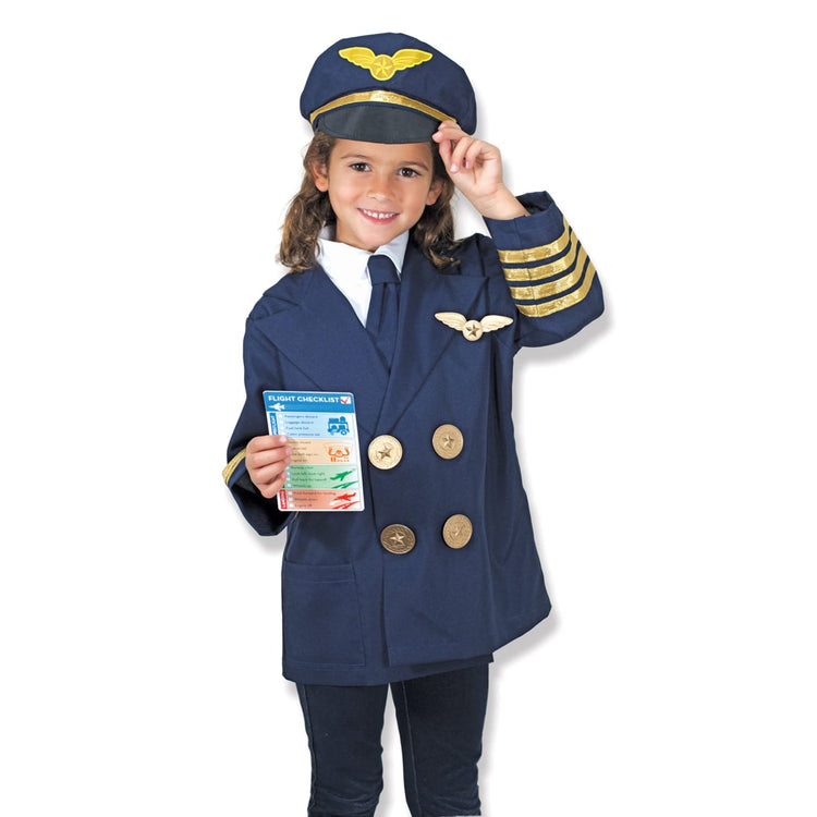 A child on white background with the Melissa & Doug Pilot Costume Role Play Set (6 pcs) - Jacket, Tie, Hat, Wings, Steering Yoke, Checklist