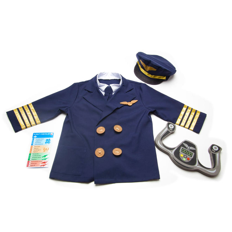 The loose pieces of the Melissa & Doug Pilot Costume Role Play Set (6 pcs) - Jacket, Tie, Hat, Wings, Steering Yoke, Checklist