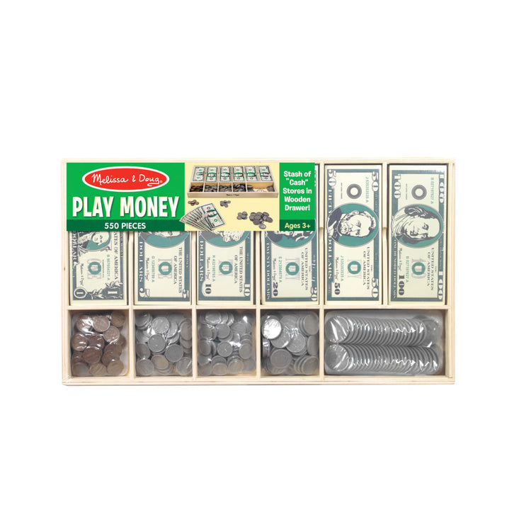 the Melissa & Doug Play Money Set - Educational Toy With Paper Bills and Plastic Coins (50 of Each Denomination) and Wooden Cash Drawer for Storage