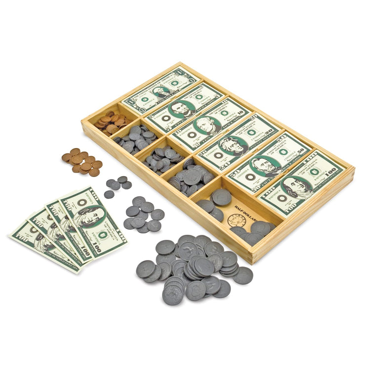 The loose pieces of the Melissa & Doug Play Money Set - Educational Toy With Paper Bills and Plastic Coins (50 of Each Denomination) and Wooden Cash Drawer for Storage