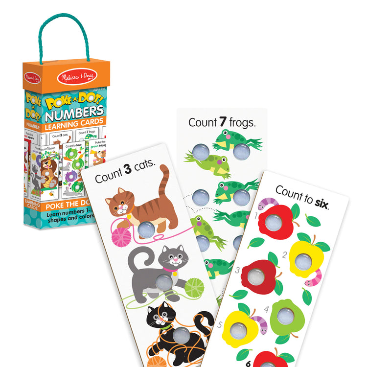 The loose pieces of the Melissa & Doug Poke-A-Dot Jumbo Number Learning Cards - 13 Double-Sided Numbers, Shapes, and Colors Cards with Buttons to Pop