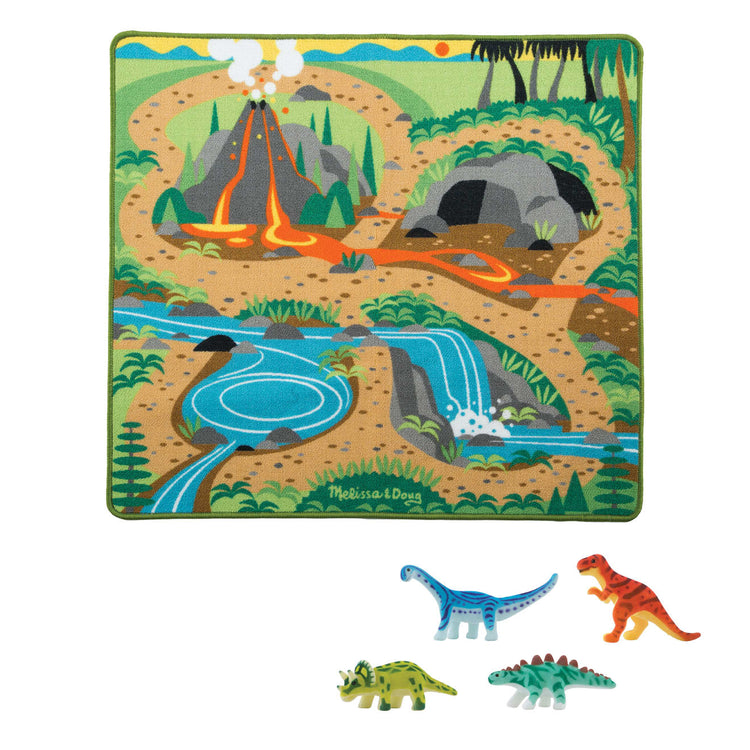 The loose pieces of the Melissa & Doug Prehistoric Playground Dinosaur Activity Rug (39 x 36 inches) - 4 Toy Animals