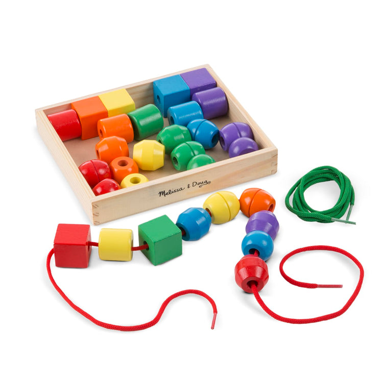 the Melissa & Doug Primary Lacing Beads - Educational Toy With 8 Wooden Beads and 2 Laces