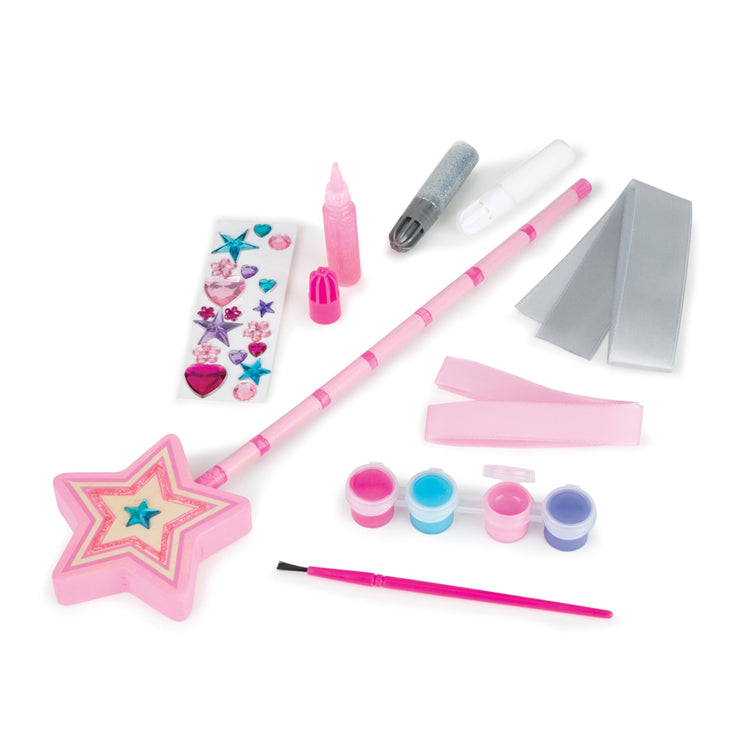 The loose pieces of the Melissa & Doug Decorate-Your-Own Wooden Princess Wand Craft Kit