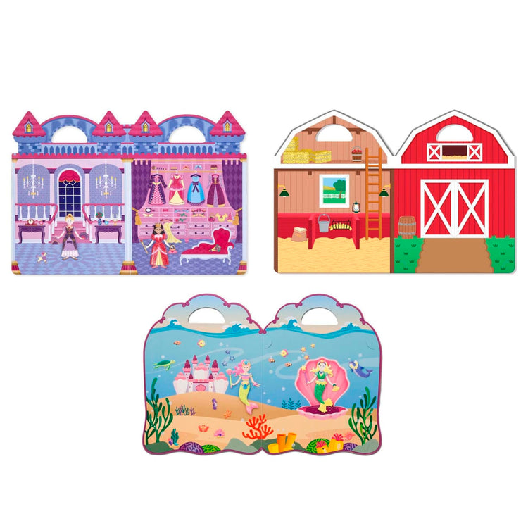 The loose pieces of the Melissa & Doug Reusable Puffy Sticker Play Set 3-Pack – On the Farm, Princess, Mermaid