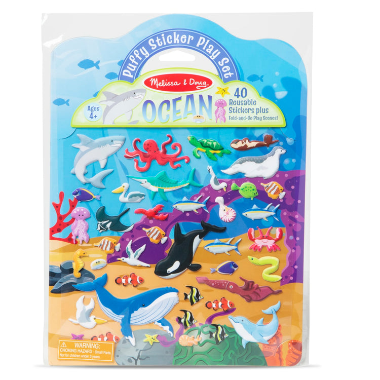 The front of the box for the Melissa & Doug Ocean Puffy Sticker Play Set Travel Toy with Double-Sided Background, 40 Reusable Puffy Stickers