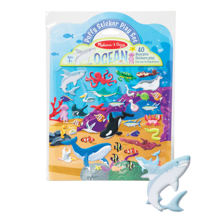 The loose pieces of the Melissa & Doug Ocean Puffy Sticker Play Set Travel Toy with Double-Sided Background, 40 Reusable Puffy Stickers