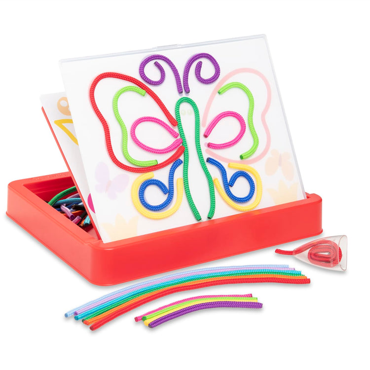 The front of the box for the Melissa & Doug Rainbow Cord Picture & Pattern Maker Draw with Cords – 39 Cords, 6 Double-Sided Cards to Trace