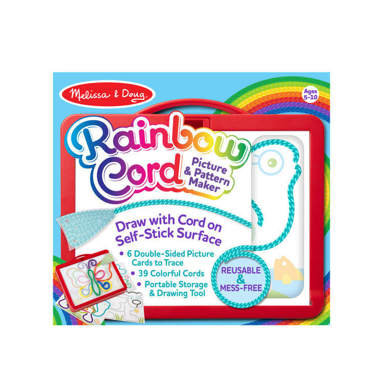 The front of the box for the Melissa & Doug Rainbow Cord Picture & Pattern Maker Draw with Cords – 39 Cords, 6 Double-Sided Cards to Trace