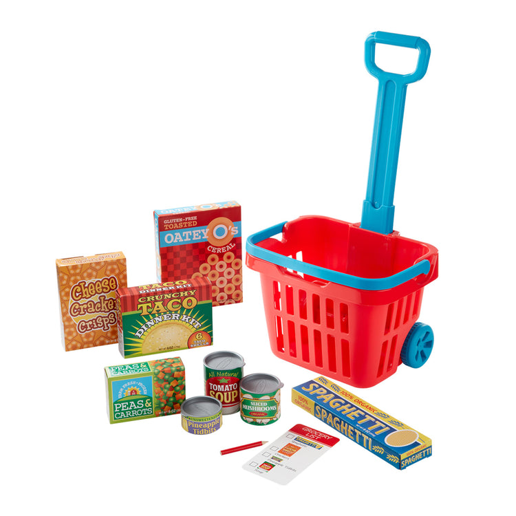 the Melissa & Doug Fill and Roll Grocery Basket Play Set With Play Food Boxes and Cans (11 pcs)