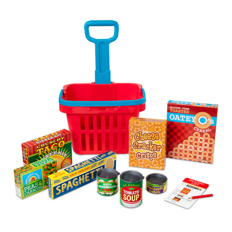 The loose pieces of the Melissa & Doug Fill and Roll Grocery Basket Play Set With Play Food Boxes and Cans (11 pcs)