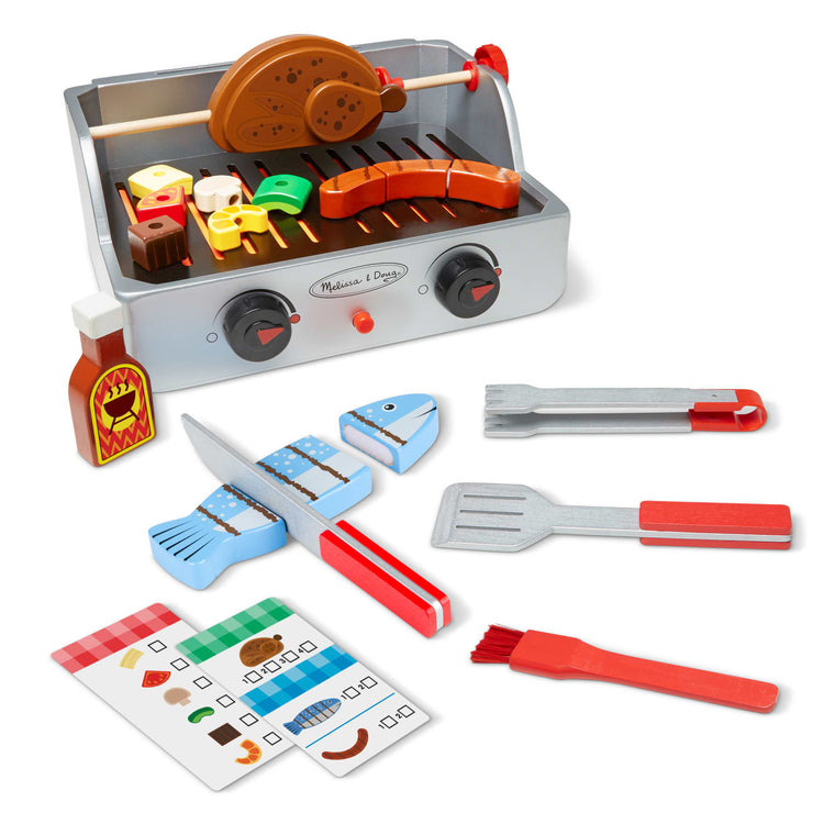 the Melissa & Doug Rotisserie and Grill Wooden Barbecue Play Food Set (24 pcs)
