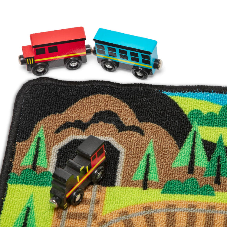 the Melissa & Doug Round the Rails Train Rug With 3 Linking Wooden Train Cars  (39 x 36 inches)