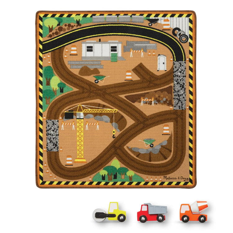 The loose pieces of the Melissa & Doug Round the Construction Zone Work Site Rug With 3 Wooden Trucks (39 x 36 inches)