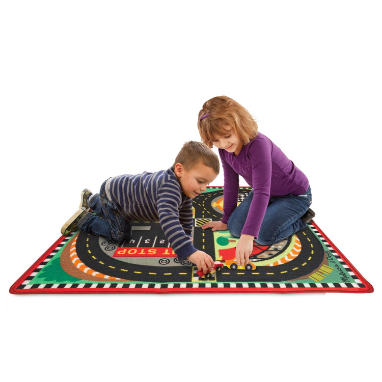 the Melissa & Doug Round the Speedway Race Track Rug With 4 Race Cars (39 x 36 inches)
