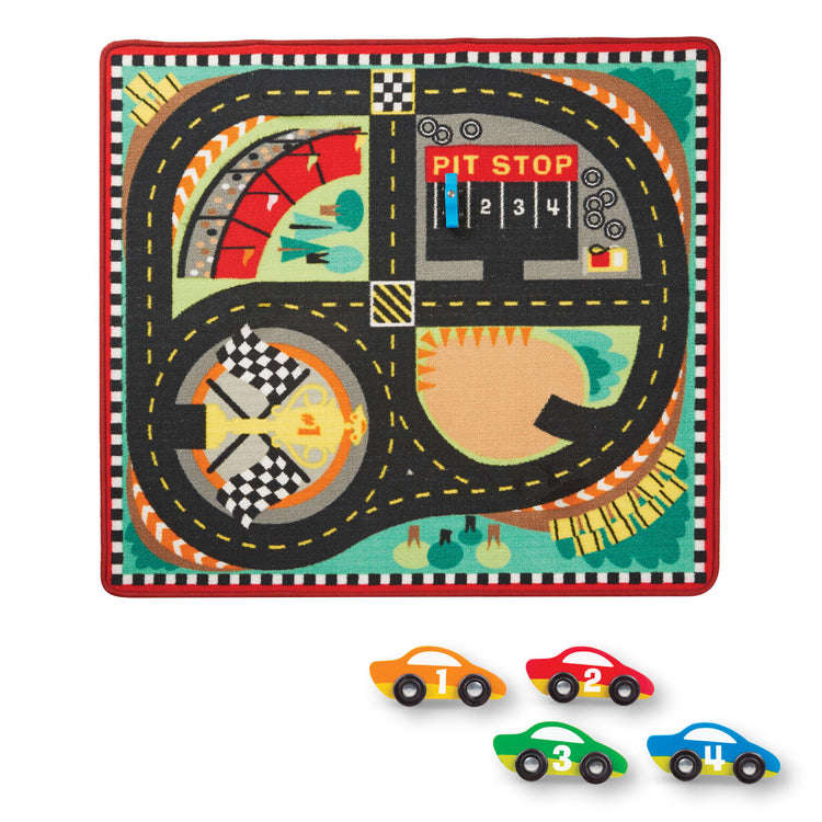 The loose pieces of the Melissa & Doug Round the Speedway Race Track Rug With 4 Race Cars (39 x 36 inches)