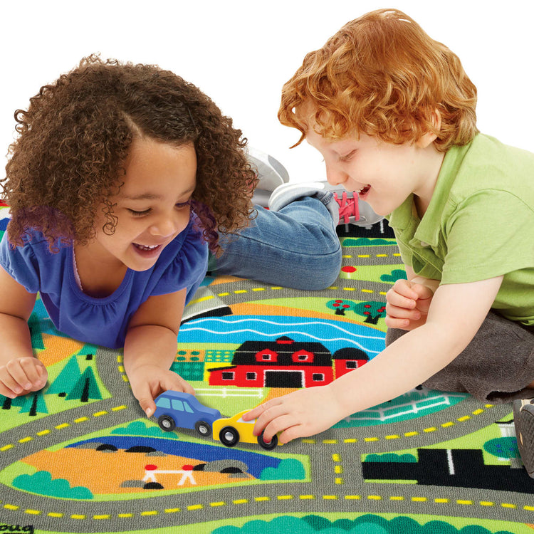 the Melissa & Doug Round the Town Road Rug and Car Activity Play Set With 4 Wooden Cars (39 x 36 inches)