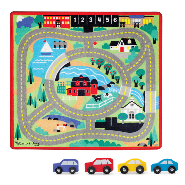 The loose pieces of the Melissa & Doug Round the Town Road Rug and Car Activity Play Set With 4 Wooden Cars (39 x 36 inches)