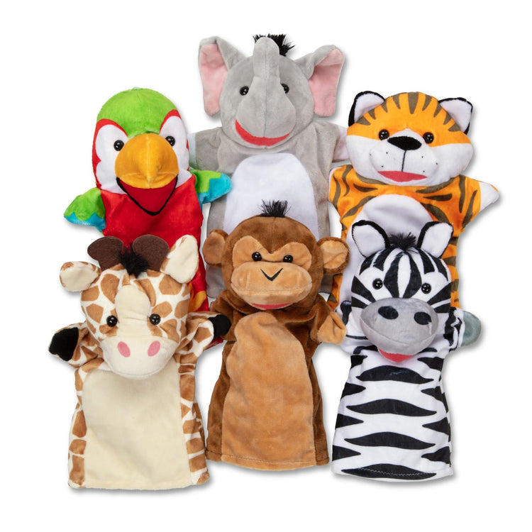 The loose pieces of the Melissa & Doug Safari Buddies Hand Puppets, Set of 6 (Elephant, Tiger, Parrot, Giraffe, Monkey, Zebra)